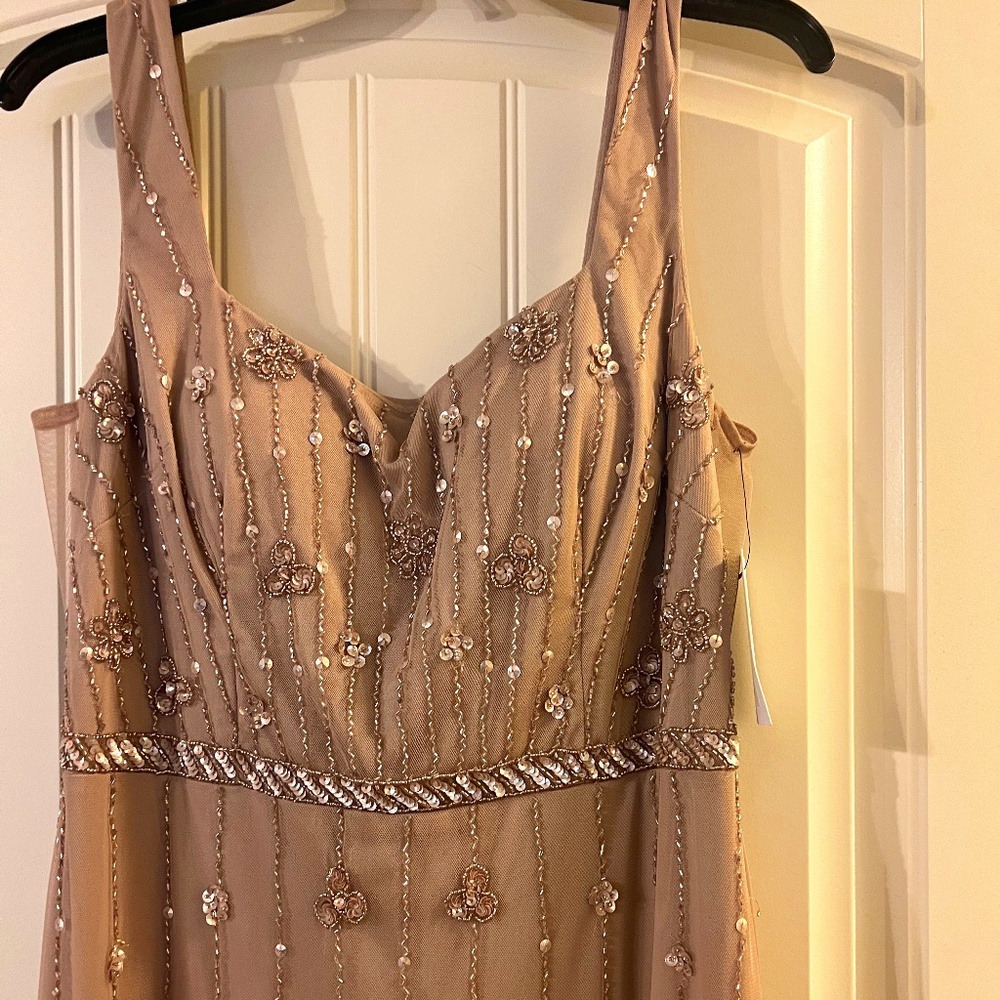 Adrianna Papell Tan and Silver Beaded Gown with Mid-Slit. With Tag. (Size 12)